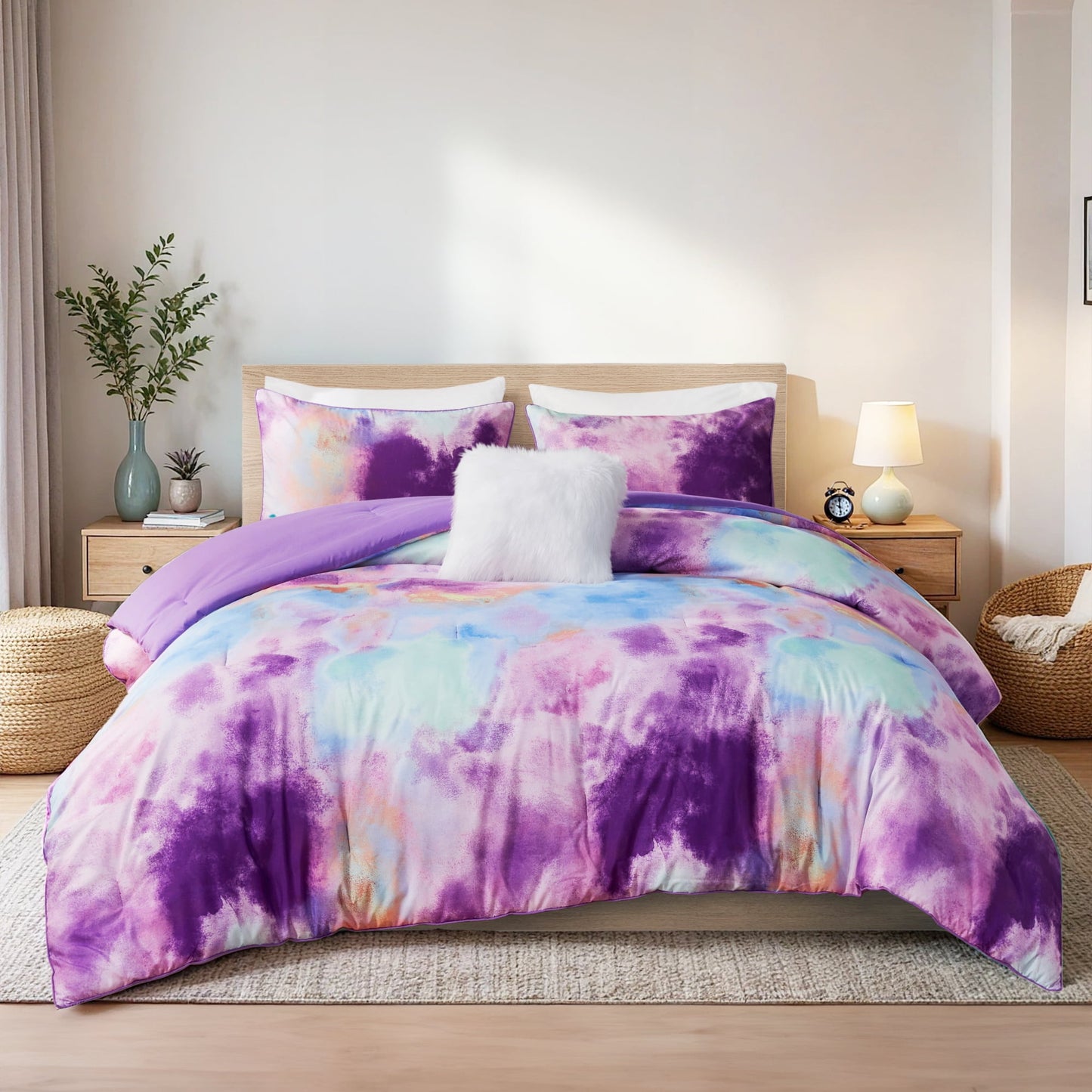 4 Piece Watercolor Tie Dye Printed Bedding Set, Comforter Set with Throw Pillow