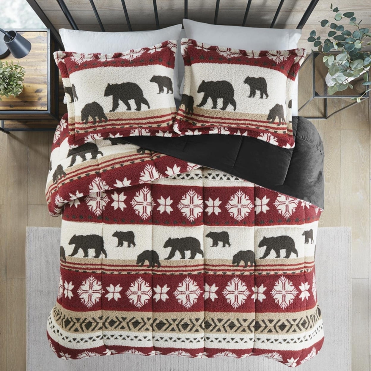 Printed Sherpa Comforter Set with Red and Black