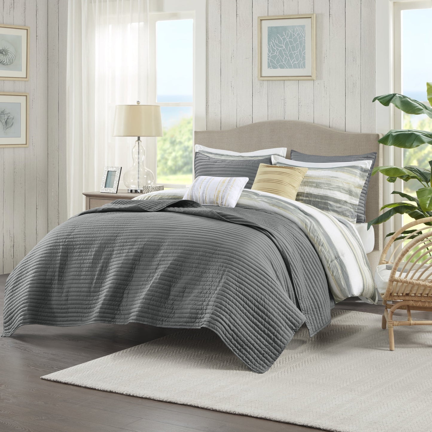 8 Piece Printed Seersucker Comforter and Quilt Set Collection, Yellow