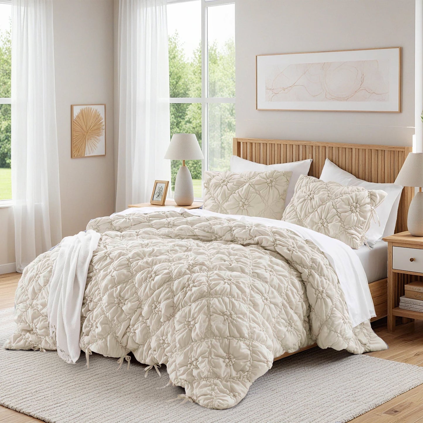 Floral Puffy Bow Tie Bedding Set, Comforter Set with Sham