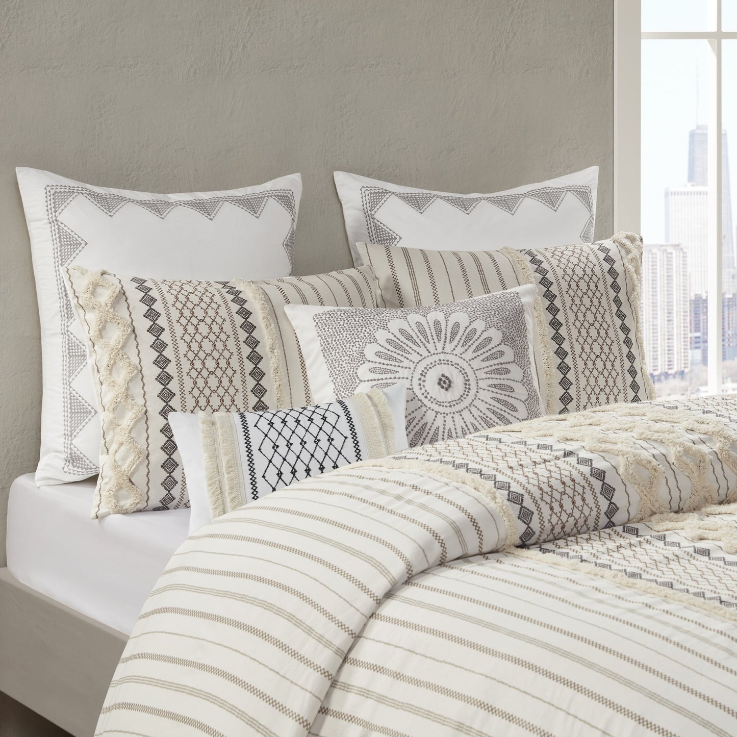 Oblong Embroidered Cotton Oblong Pillow with Tassels, Ivory