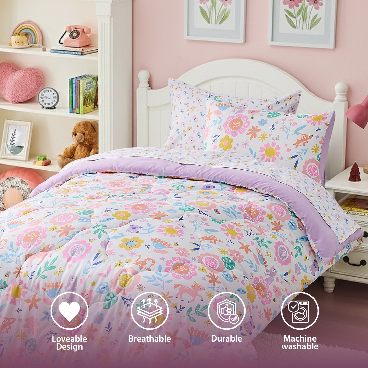 Colorful Dreamy Pink Floral Bedding Comforter with Sheet Set