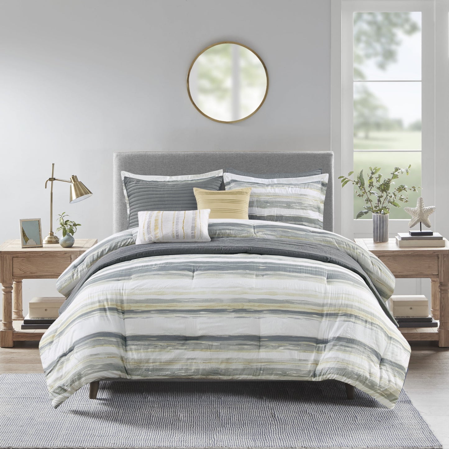 8 Piece Printed Seersucker Comforter and Quilt Set Collection, Yellow
