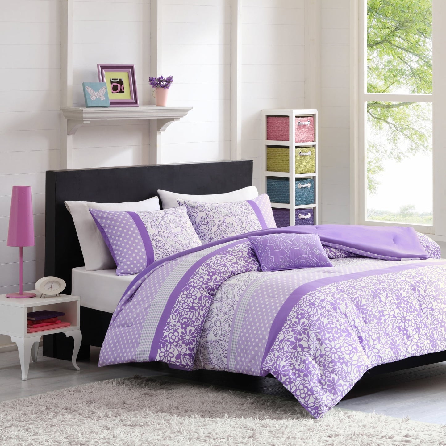Comforter Sets 4-Piece Floral Kids Bed Sets for All Season Purple Bedding Comforter Sets for Girls