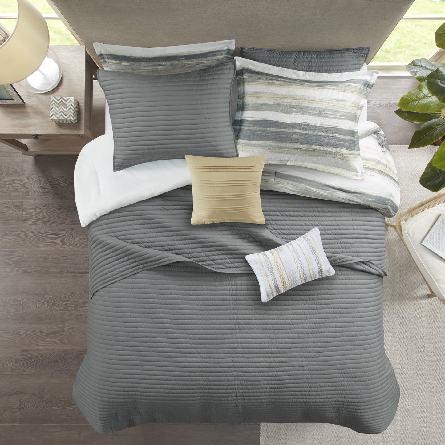 8 Piece Printed Seersucker Comforter and Quilt Set Collection, Yellow