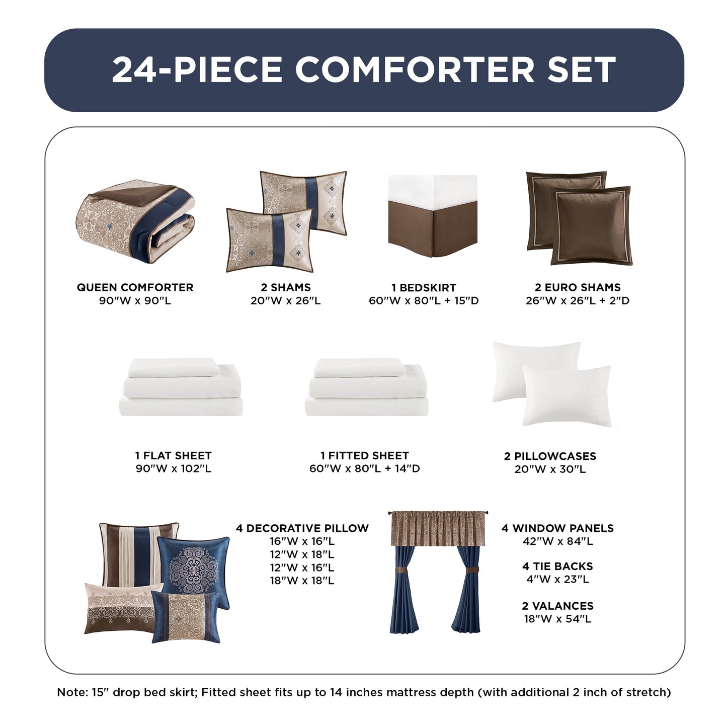 24 Piece Jacquard Comforter Set with Window Curtains, Moroccan-Inspired Bed in a Bag, Navy
