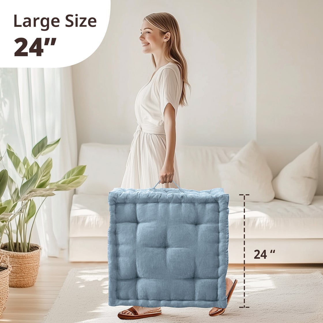 Tufted Floor Pillow for Seating, Square Meditation Cushion with Handle