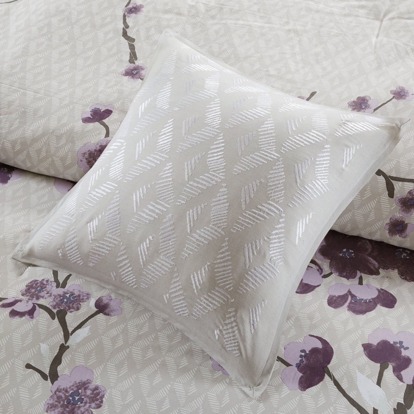 8 Piece Floral Comforter Set, Cotton Comforter Bed in A Bag with Bedskirt, Purple/Taupe