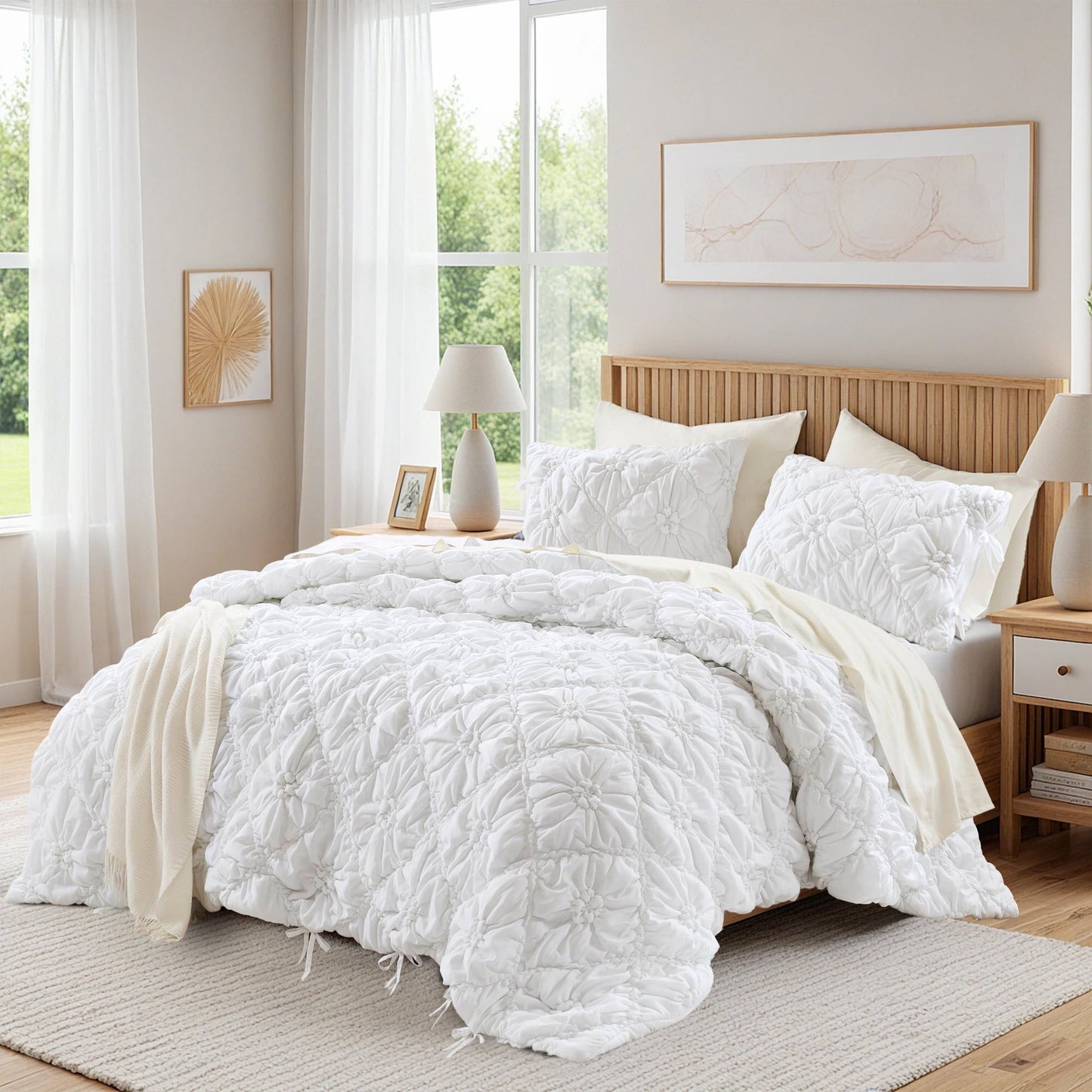 Floral Puffy Bow Tie Bedding Set, Comforter Set with Sham