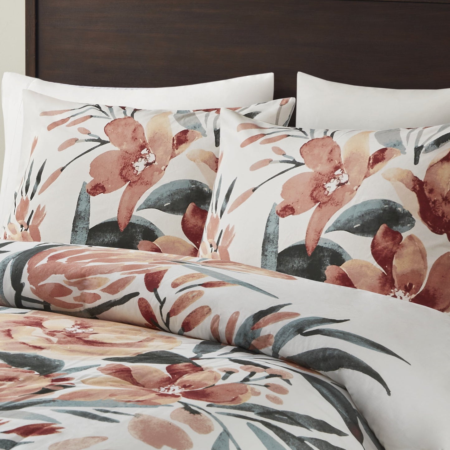 Full/Queen 3 Piece Floral Cotton Duvet Cover Set - Peach/Off-White