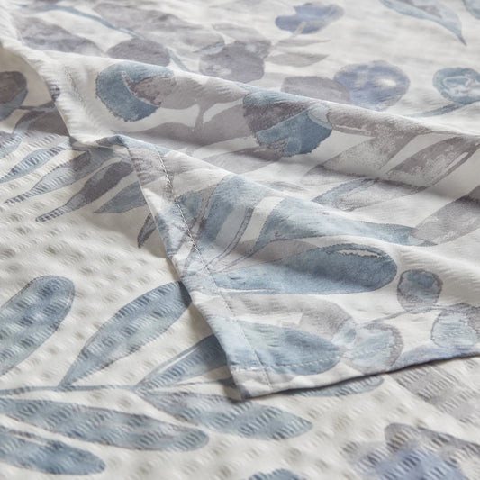 Blue Floral Shower Curtain with 12 Button Holes, Seersucker, 72" x 72"