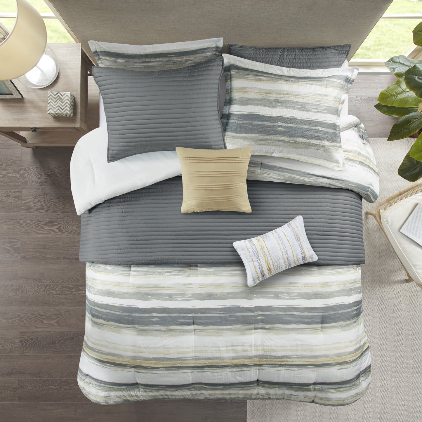 8 Piece Printed Seersucker Comforter and Quilt Set Collection, Yellow