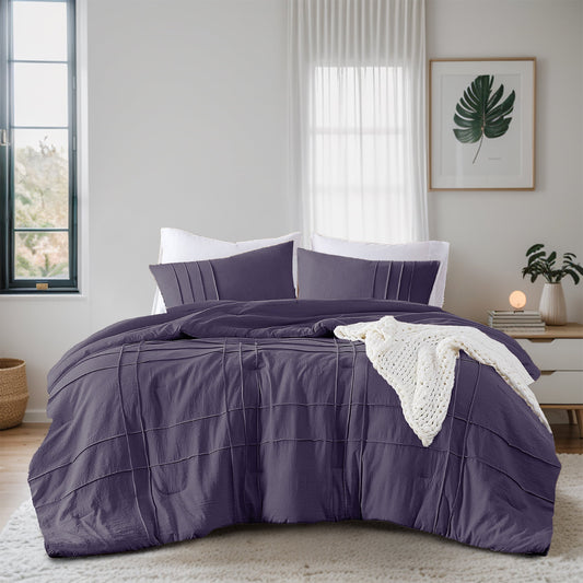 Boho Pintuck Stitching Dorm Bedding Set, Soft Washed Pleated Bed Sets with Pillow Sham