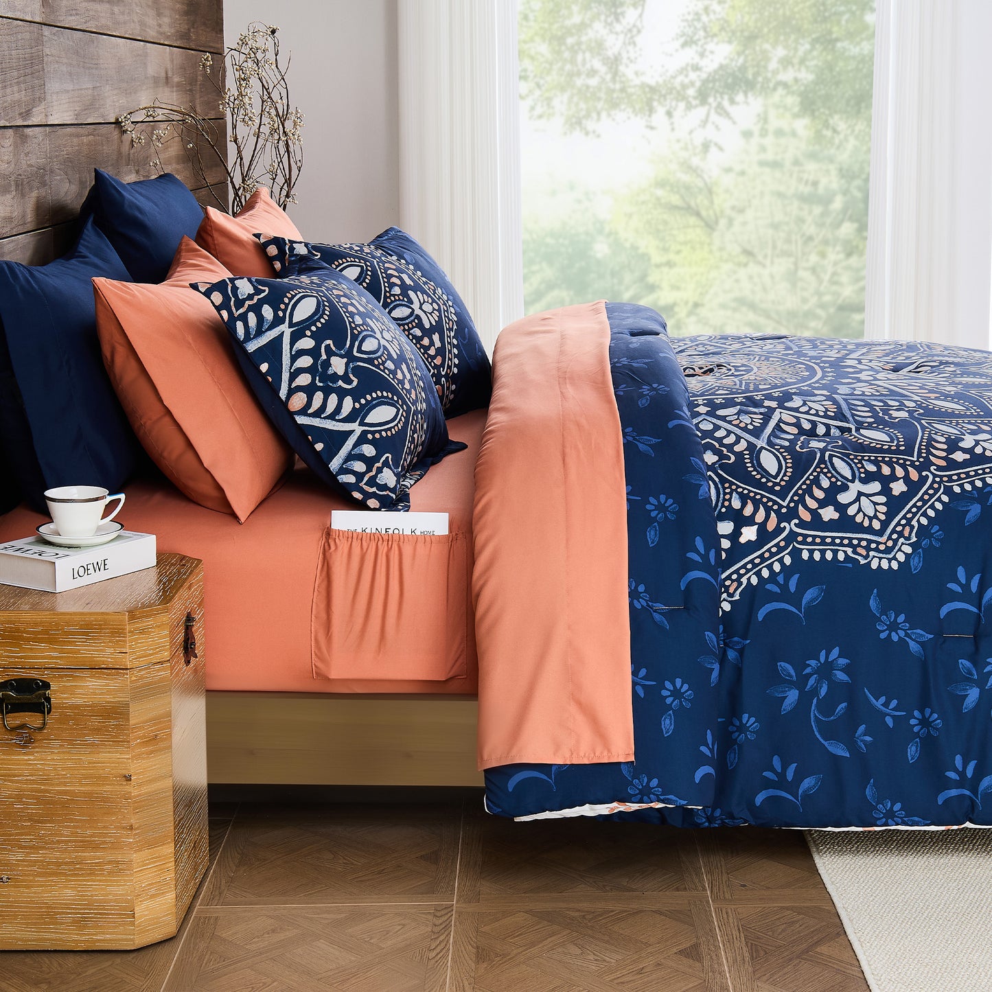 Oversized Medallion Print Comforter Set with Sheets and Side Pockets