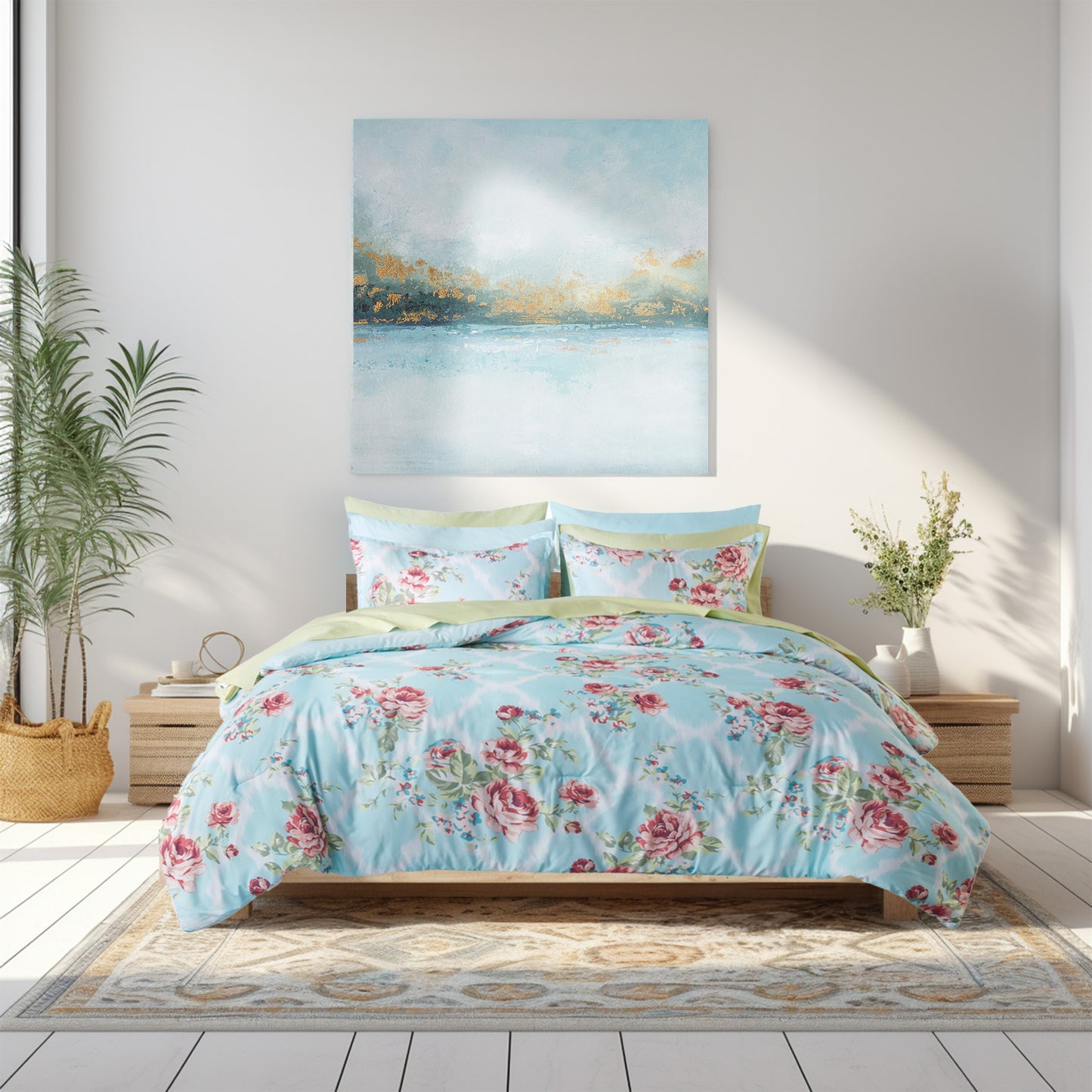 Floral Comforter Bedding Sets with Sheets and Side Pockets