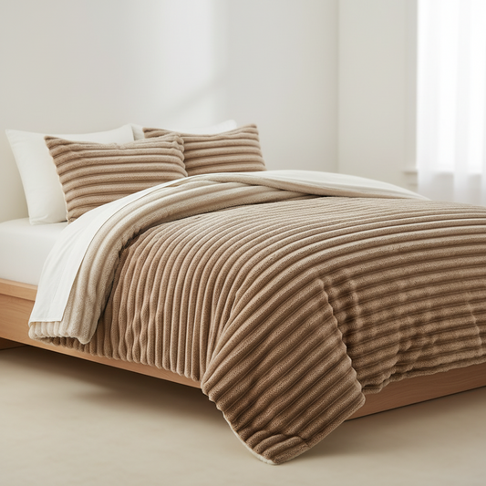 Fluffy Ribbed Plush Comforter Set, Cuddly Bedding Set with Comforter and Shams