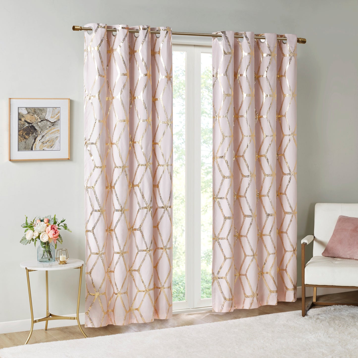 Total Blackout Curtains Window Panel White/Silver Geometric Metallic Printed