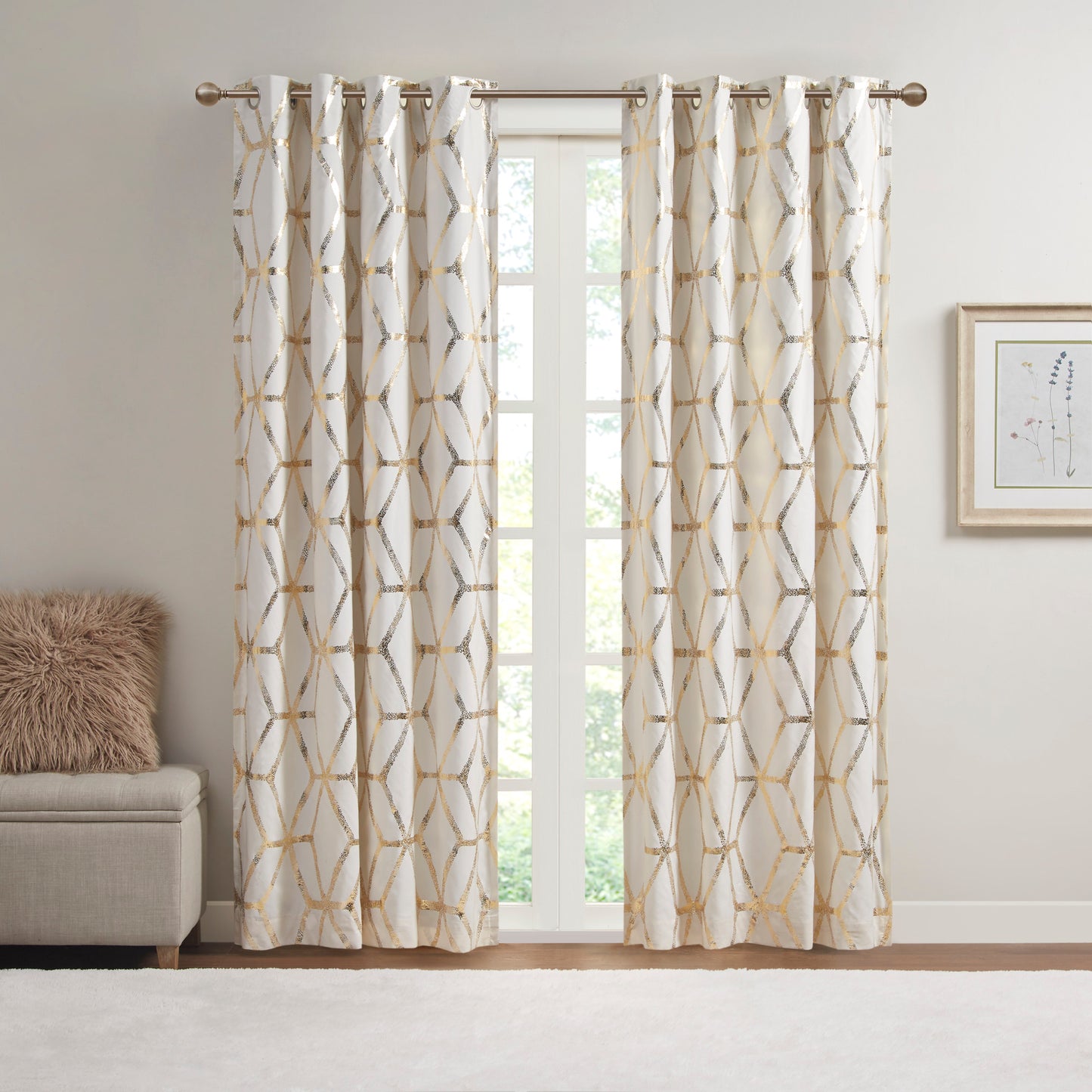 Total Blackout Curtains Window Panel  White/Silver Geometric Metallic Printed