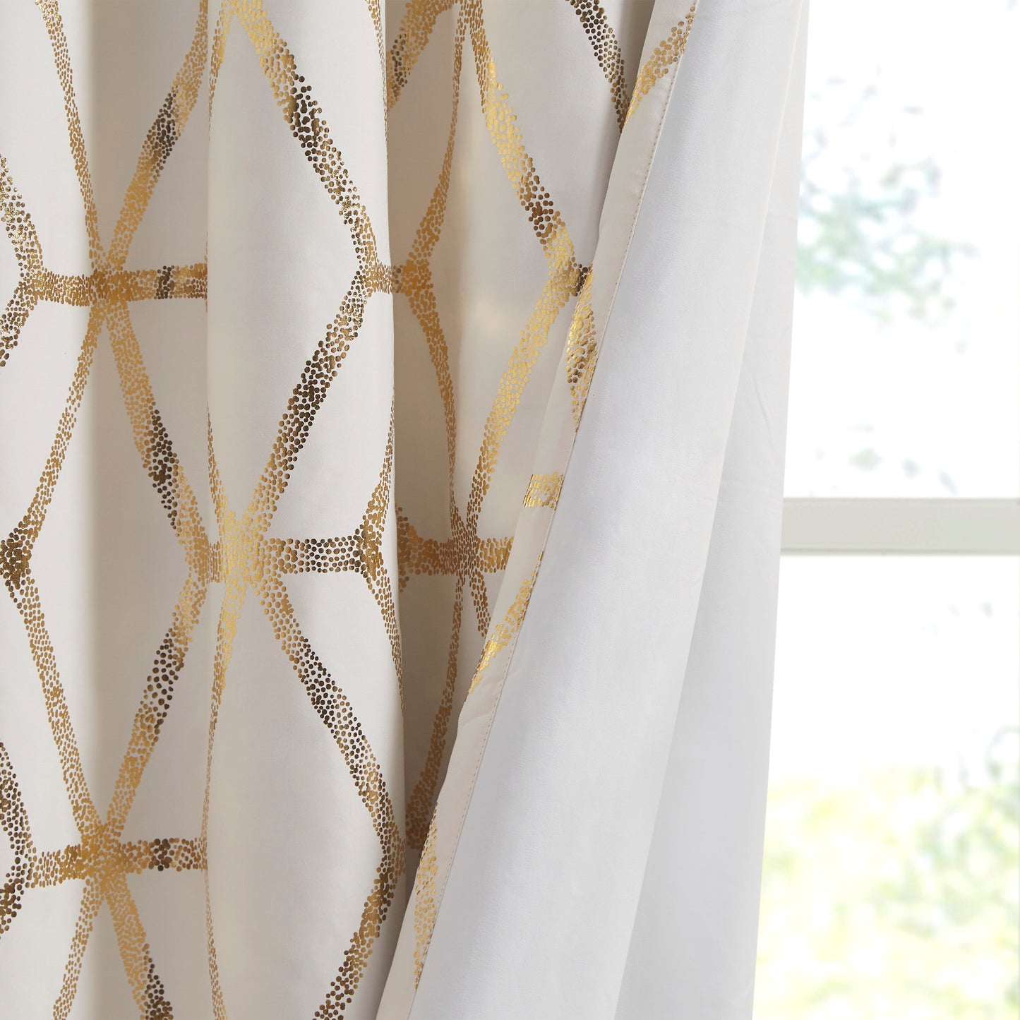 Total Blackout Curtains Window Panel  White/Silver Geometric Metallic Printed