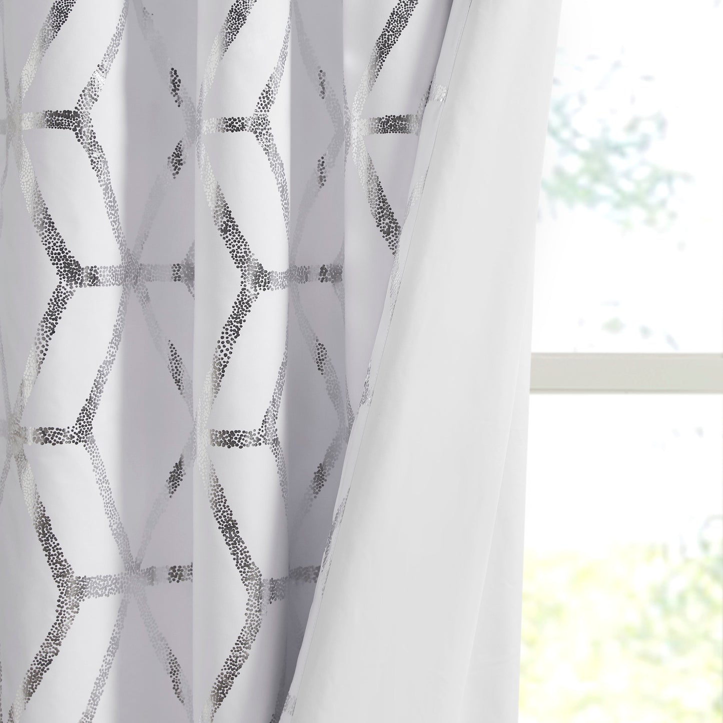 Total Blackout Curtains Window Panel White/Silver Geometric Metallic Printed