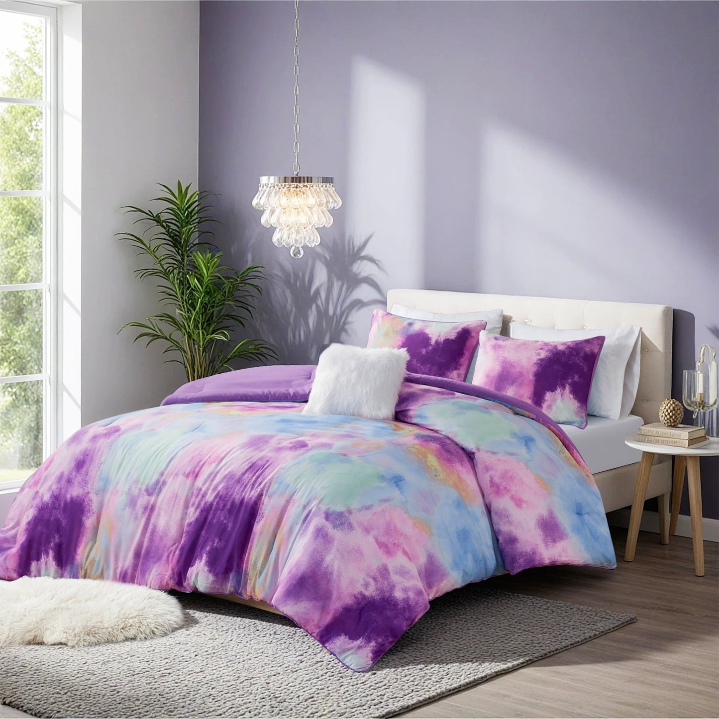 4 Piece Watercolor Tie Dye Printed Bedding Set, Comforter Set with Throw Pillow