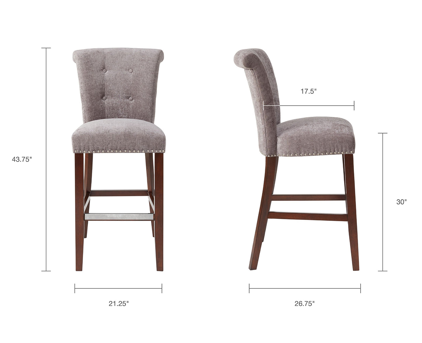 Solid Wood and Polyester Bar Stool in Gray