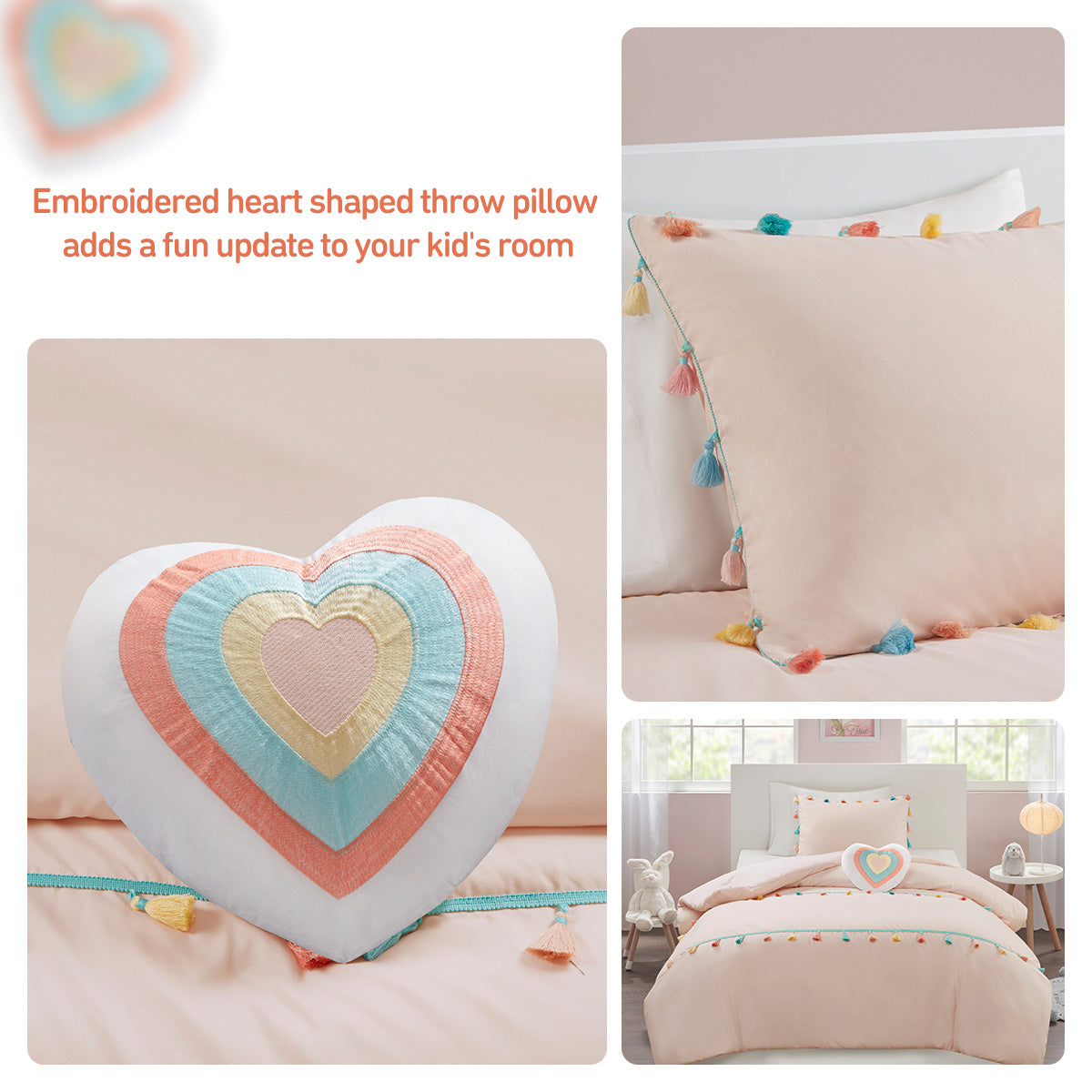 4 Piece Colorful Tassel Kid's Bedding Set, Comforter Set with Heart Shaped Throw Pillow