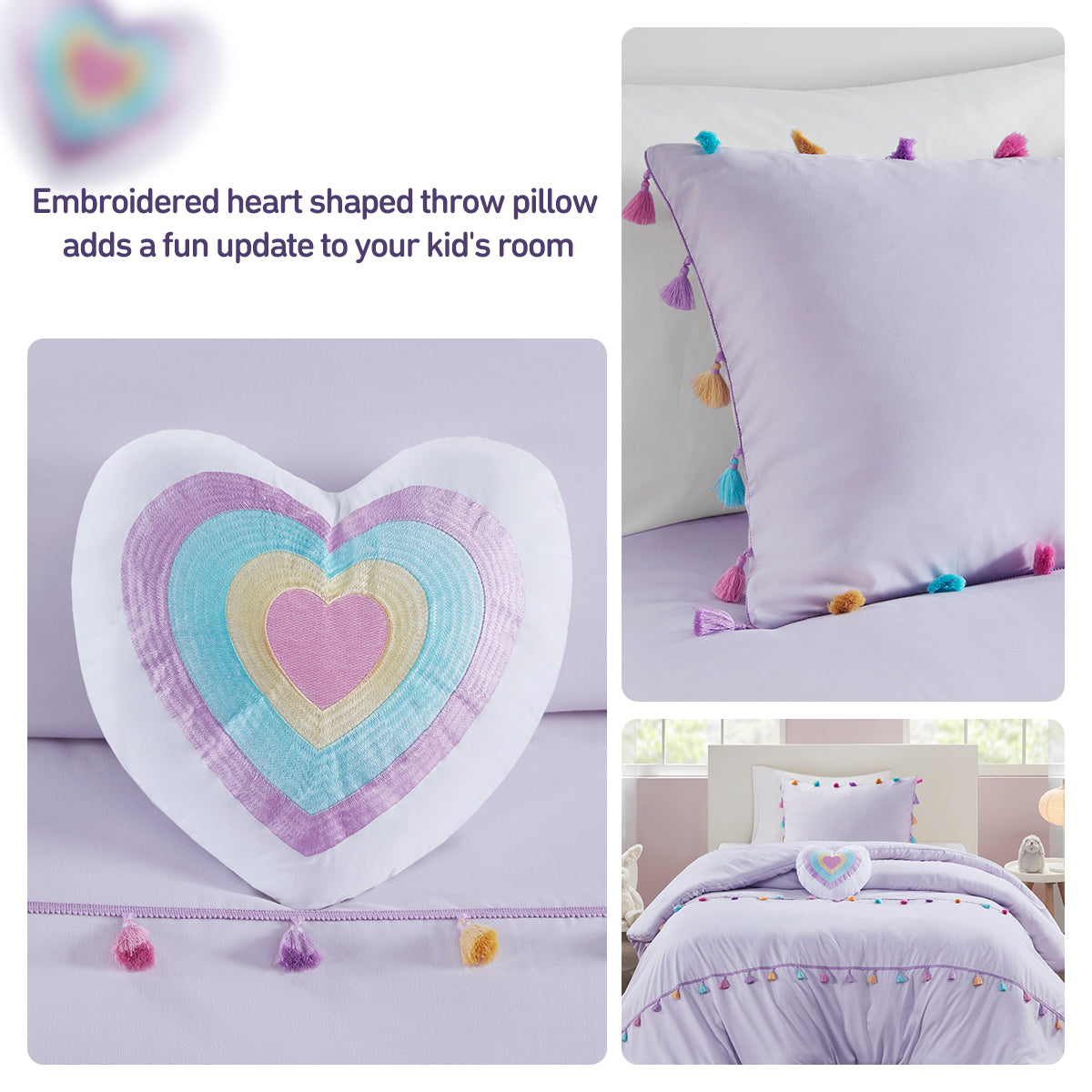 4 Piece Colorful Tassel Kid's Bedding Set, Comforter Set with Heart Shaped Throw Pillow