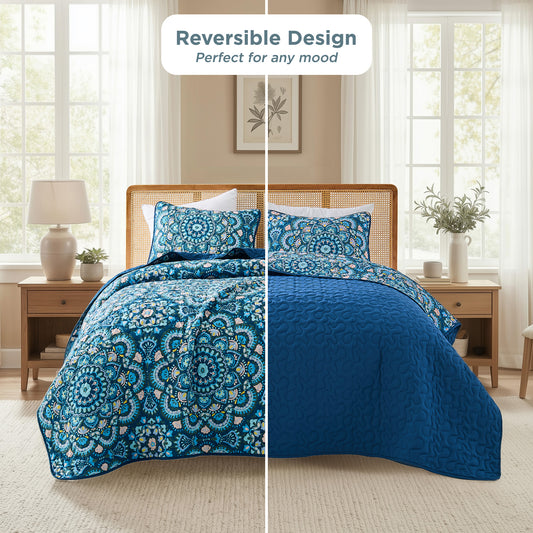Boho Medallion Reversible Bedspread Quilted Bedding Set