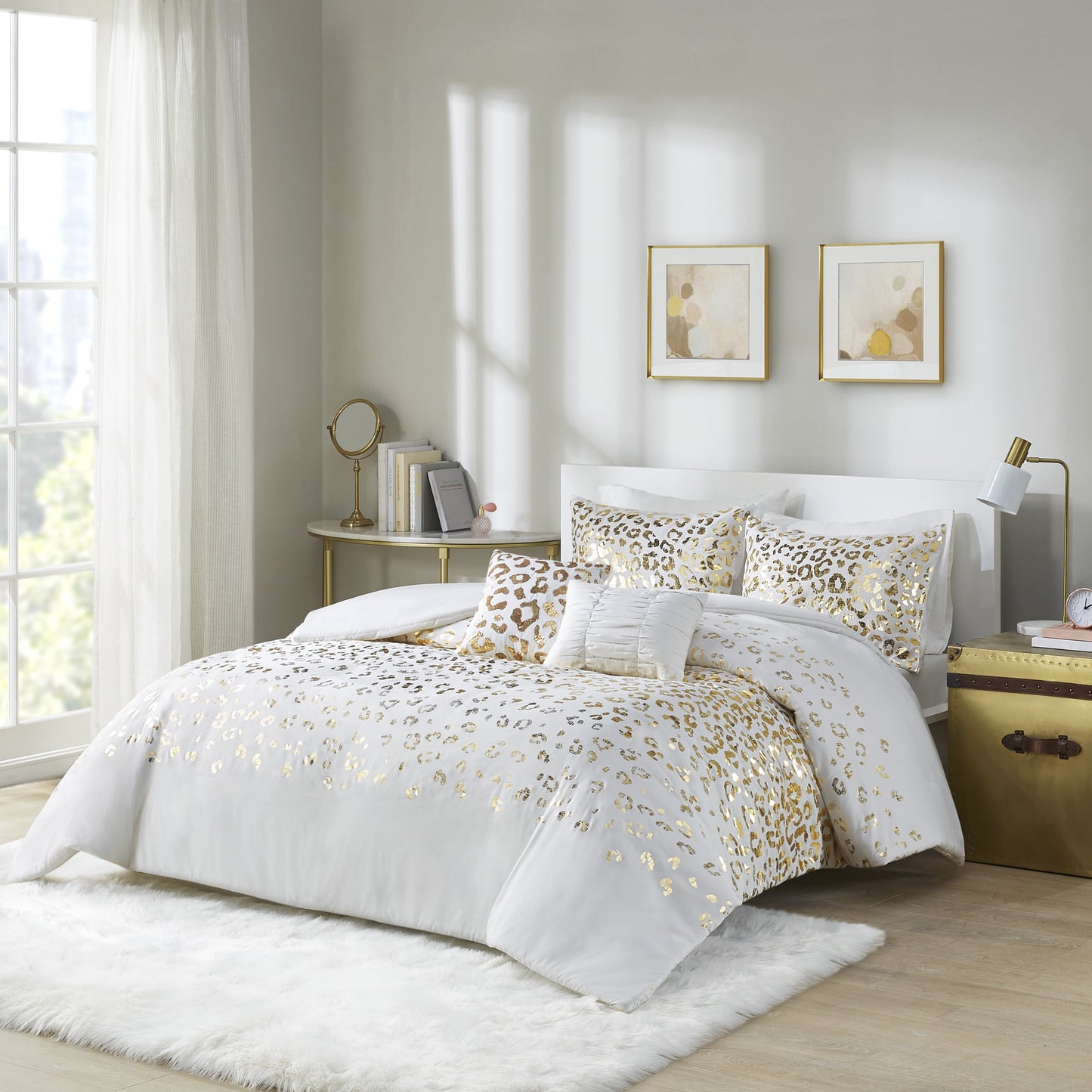 4 Piece Gold Metallic Leopard Printed Duvet Cover Set, Ivory/Gold, Twin/Twin-XL