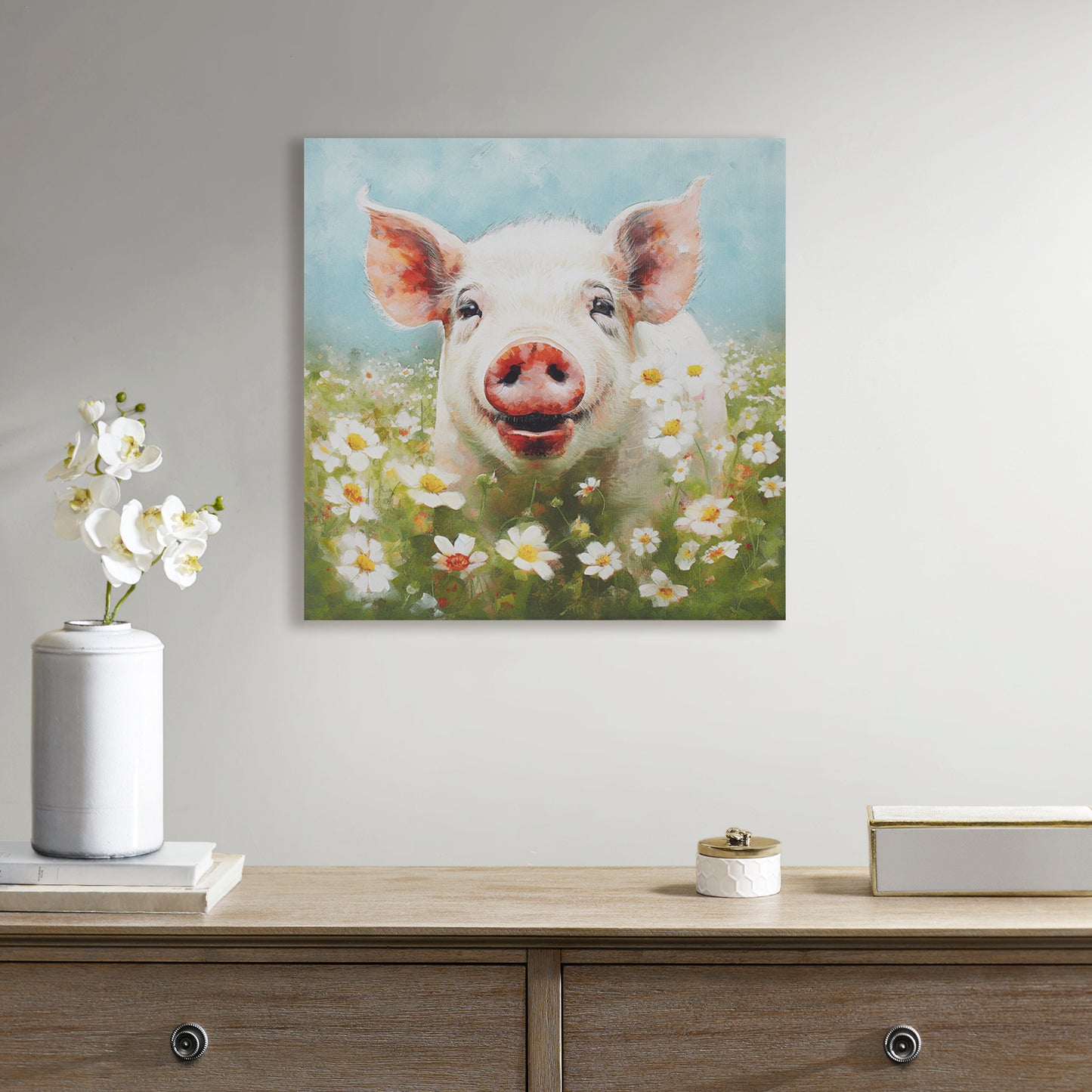 Farmhouse Style Sunshine Animals Pig Printed on Canvas Wall Art