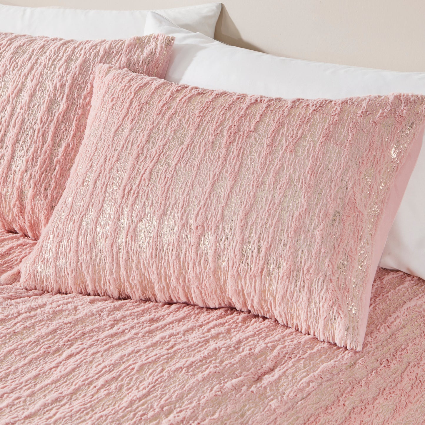 Metallic Print Faux Fur Comforter Set - Blush/Gold