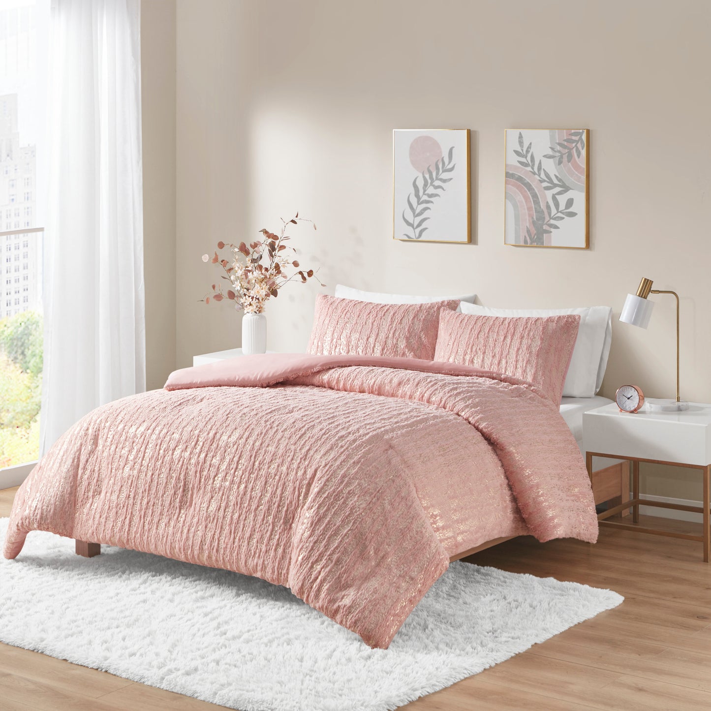 Metallic Print Faux Fur Comforter Set - Blush/Gold