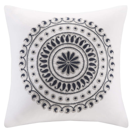Square Contemporary Cotton Embroidered Pillow in Navy