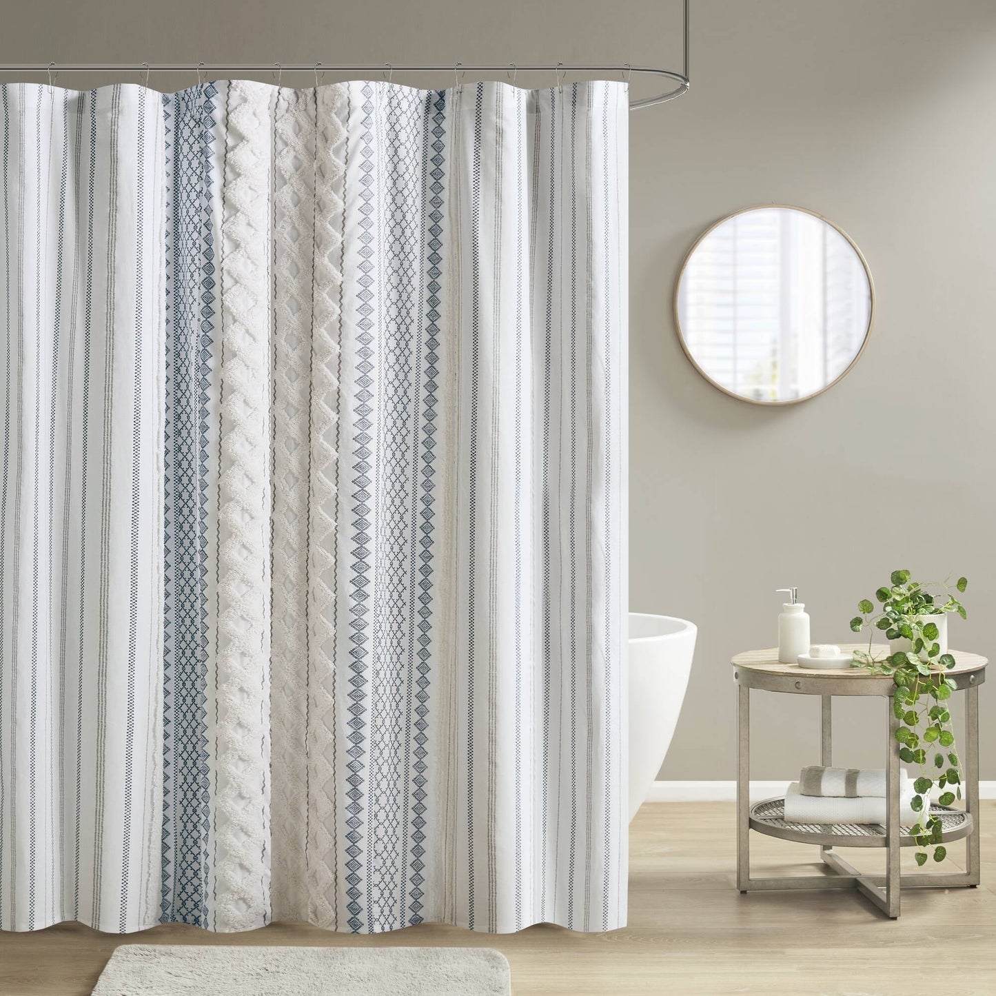 Aztec Printed Shower Curtains with Chenille Stripe Trim, Cotton Shower Curtain, 72" x 72"
