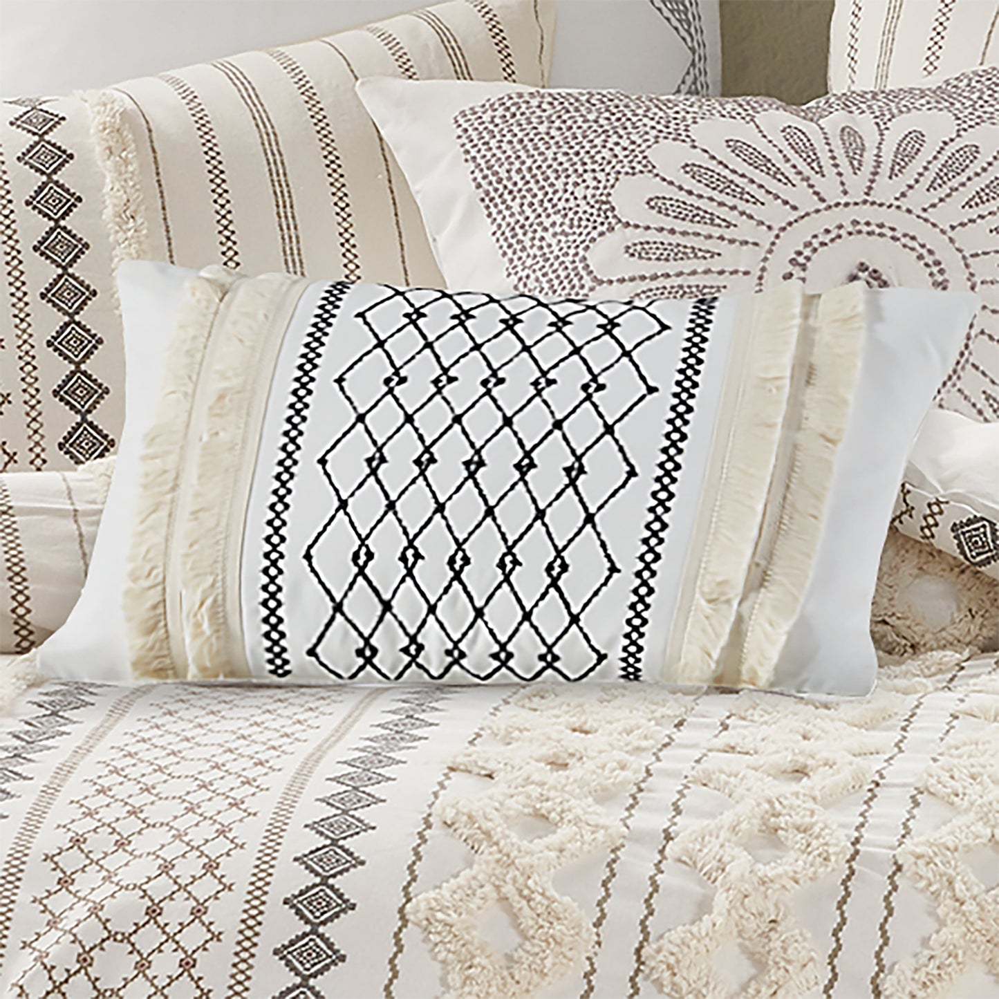 Oblong Embroidered Cotton Oblong Pillow with Tassels, Ivory