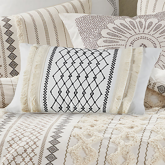 Oblong Embroidered Cotton Oblong Pillow with Tassels, Ivory