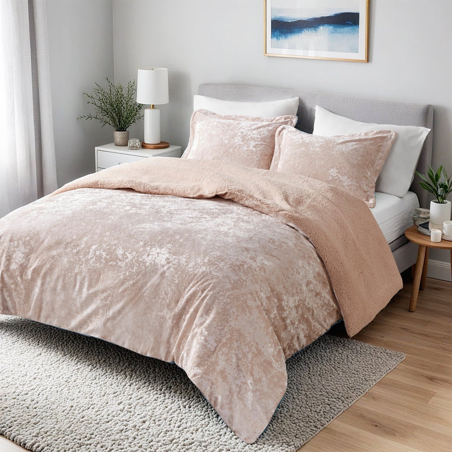3 Piece Crushed Velvet Sherpa Bedding Set, Reversible Comforter Set