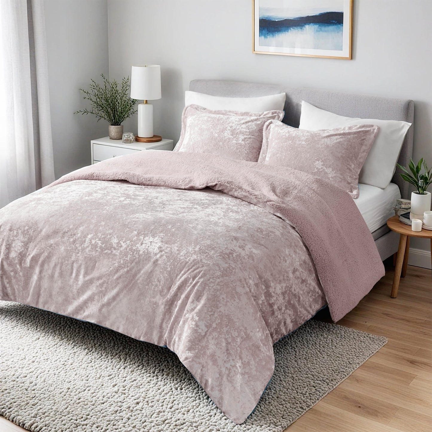 3 Piece Crushed Velvet Sherpa Bedding Set, Reversible Comforter Set