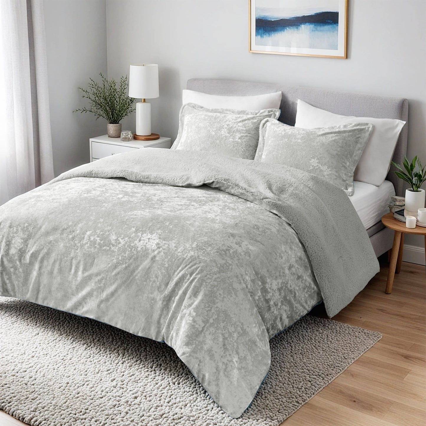 3 Piece Crushed Velvet Sherpa Bedding Set, Reversible Comforter Set