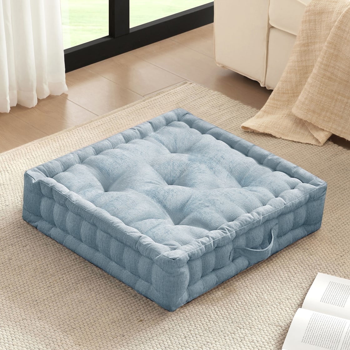 Tufted Floor Pillow for Seating, Square Meditation Cushion with Handle