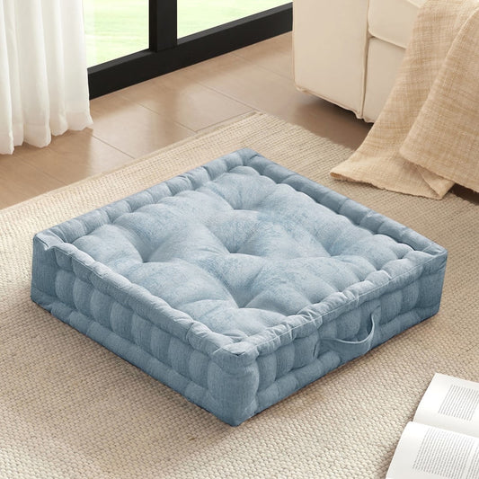 Tufted Floor Pillow for Seating, Square Meditation Cushion with Handle