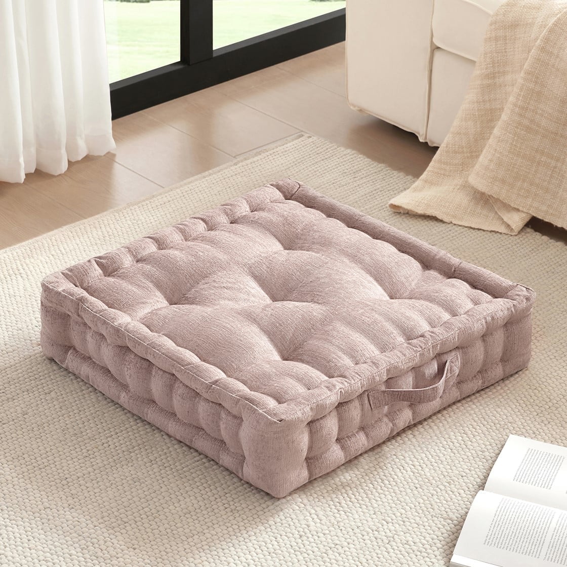 Tufted Floor Pillow for Seating, Square Meditation Cushion with Handle