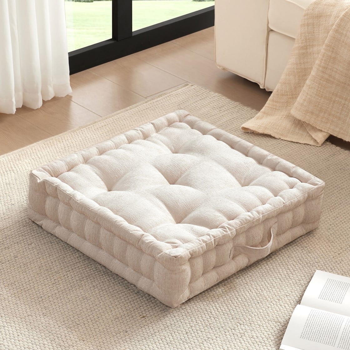 Tufted Floor Pillow for Seating, Square Meditation Cushion with Handle
