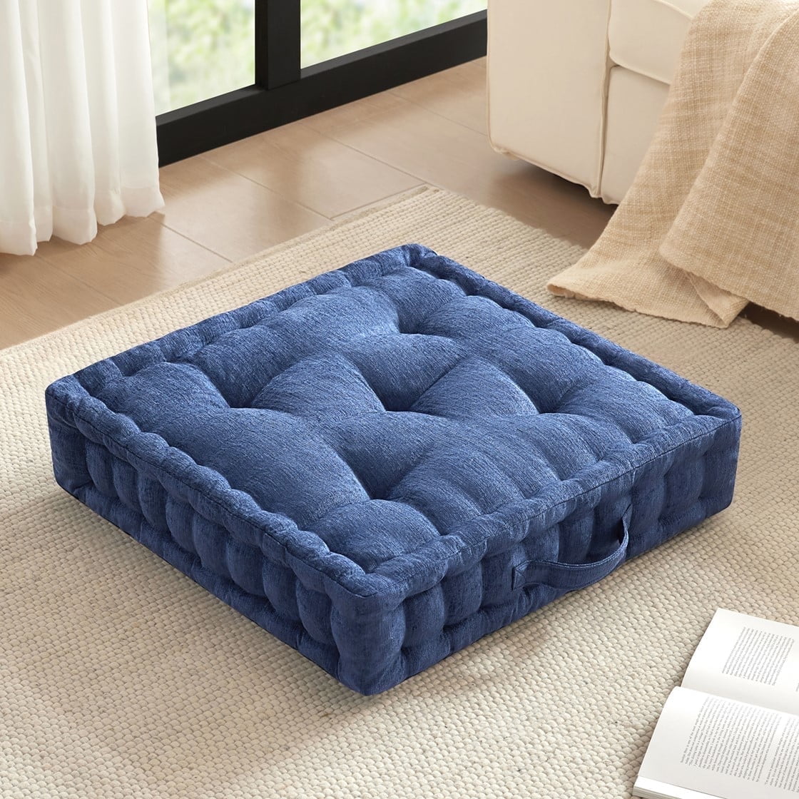 Tufted Floor Pillow for Seating, Square Meditation Cushion with Handle