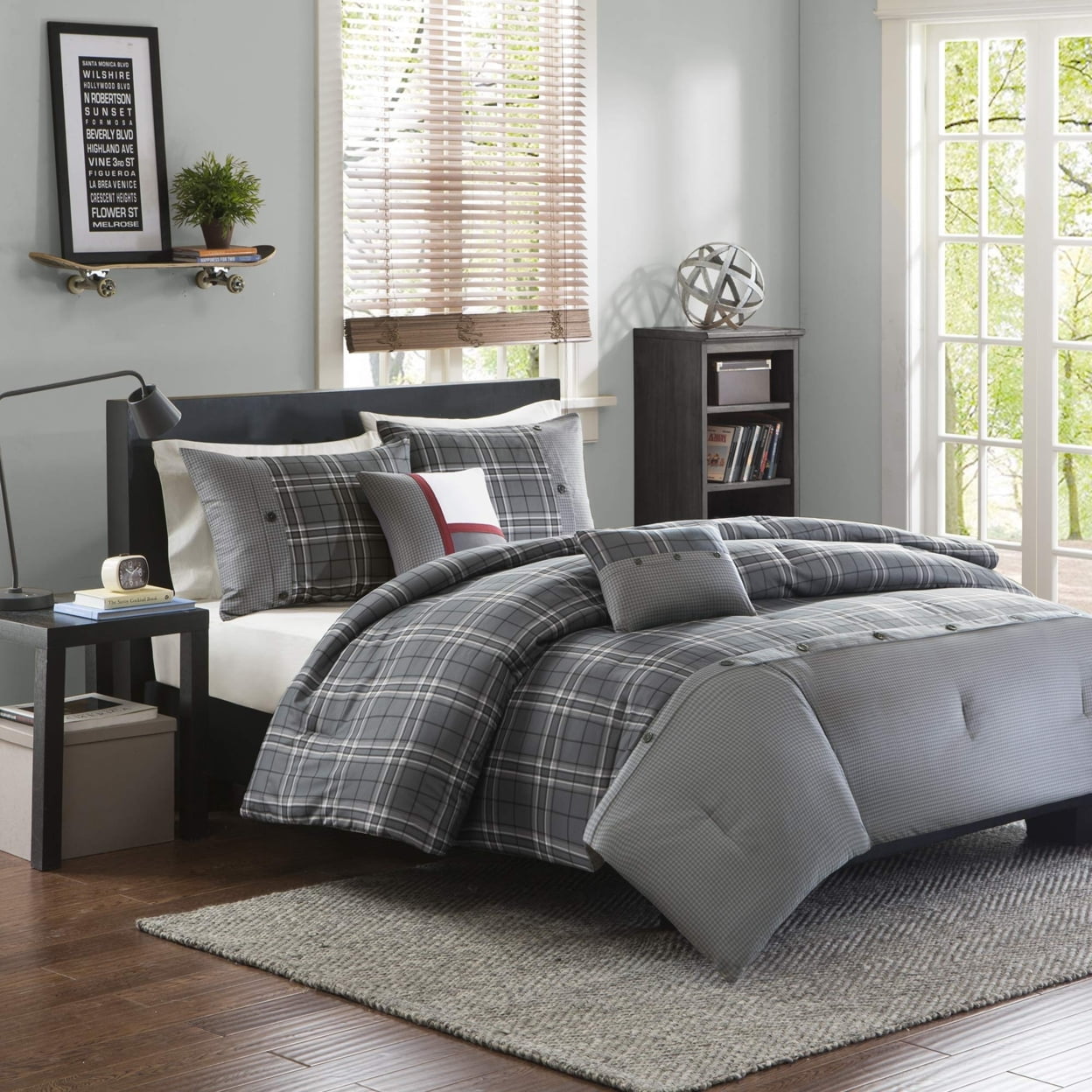 5-Piece Ultra Soft Grey Plaid Print All Season Comforter Set