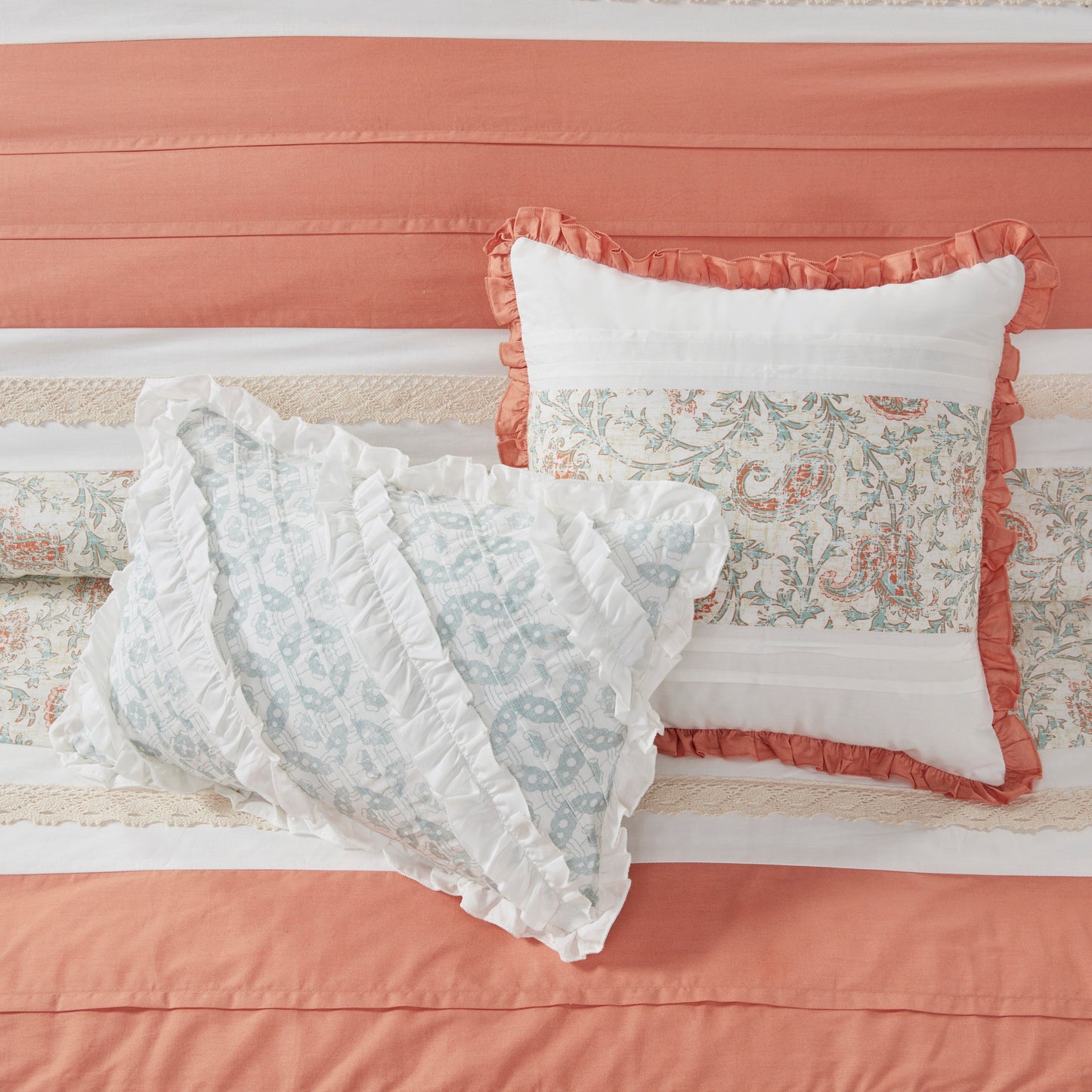 Cotton Comforter Set with Lace Taping Pintucked Printed Bed Bedding Set