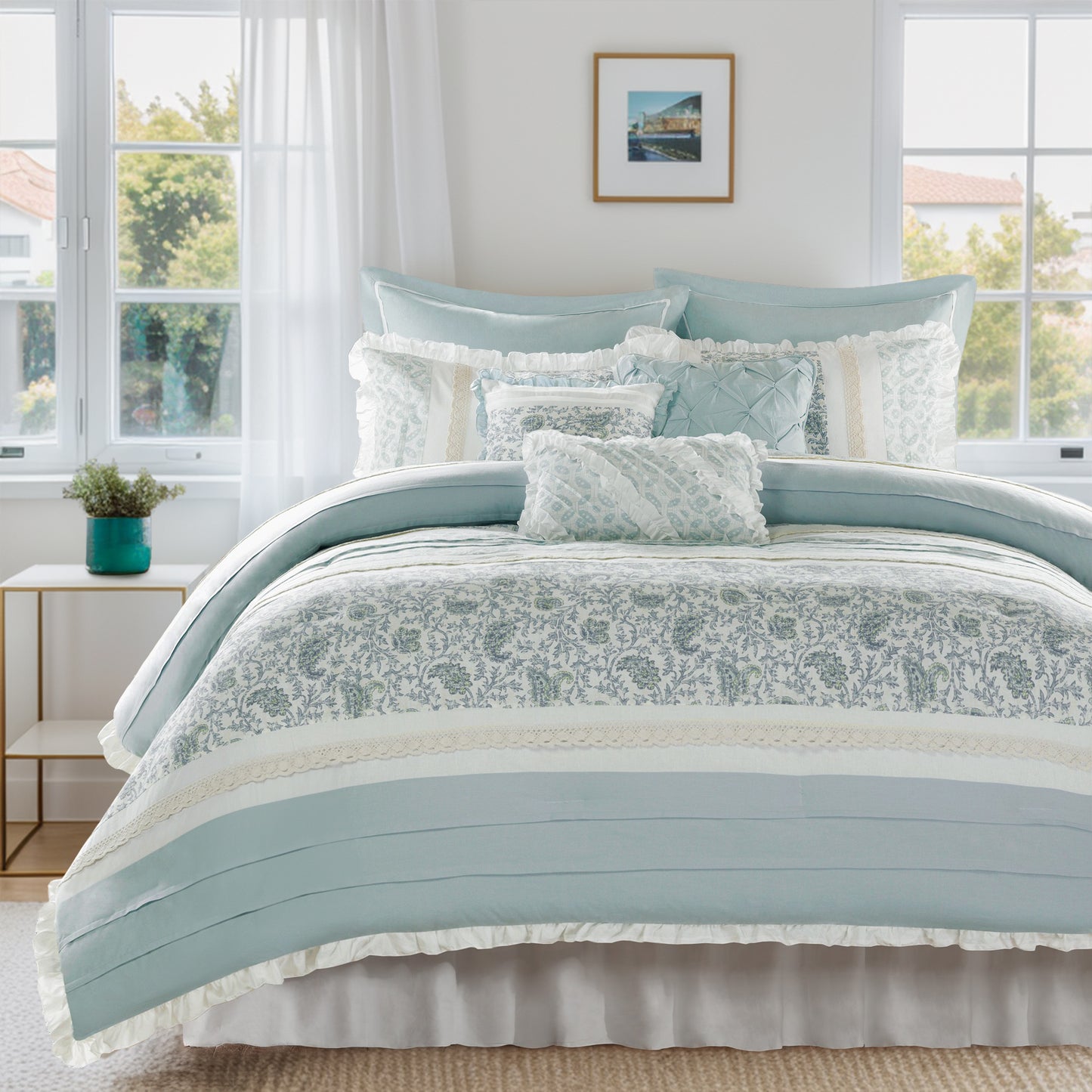 Cotton Comforter Set with Lace Taping Pintucked Printed Bed Bedding Set