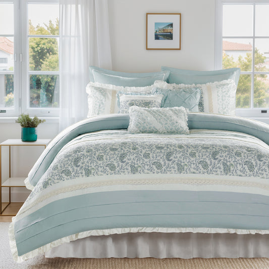 Cotton Comforter Set with Lace Taping Pintucked Printed Bed Bedding Set