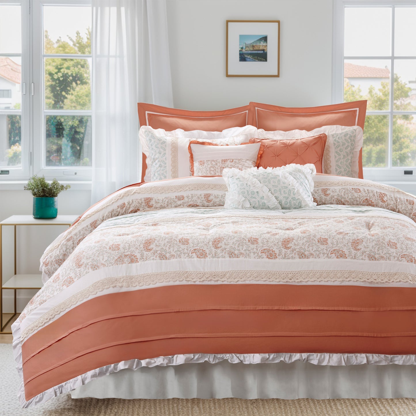 Cotton Comforter Set with Lace Taping Pintucked Printed Bed Bedding Set